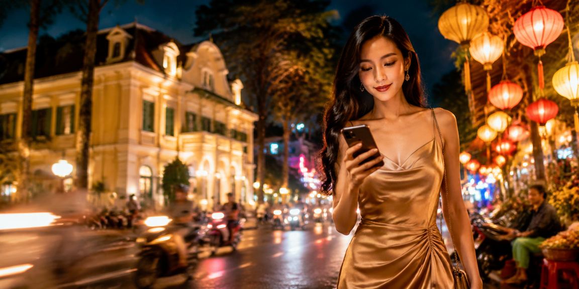 Người chơi casino trực tuyến vào ban đêm tại chợ đêm Đà Lạt với điện thoại
