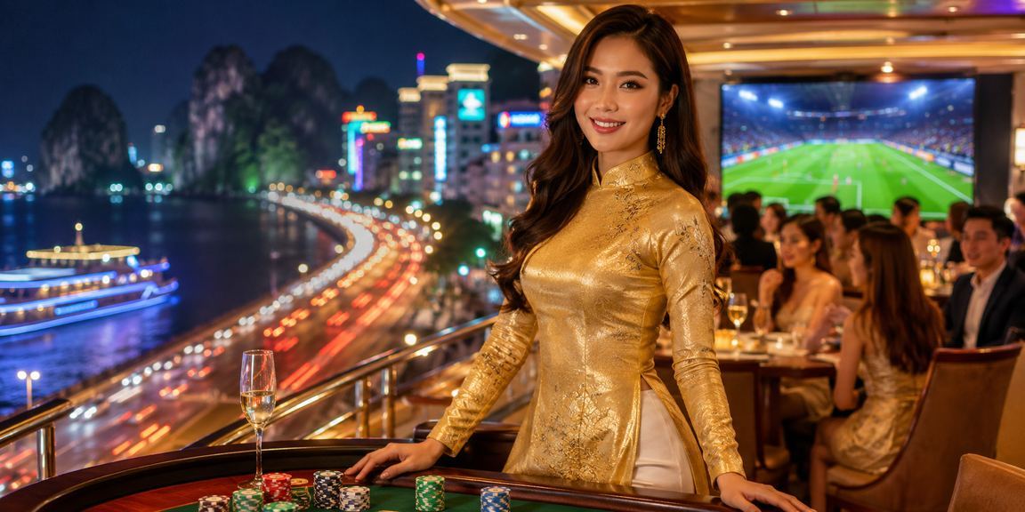 Phụ nữ mặc áo dài bên vịnh Hạ Long theo dõi kết quả cá cược bóng đá